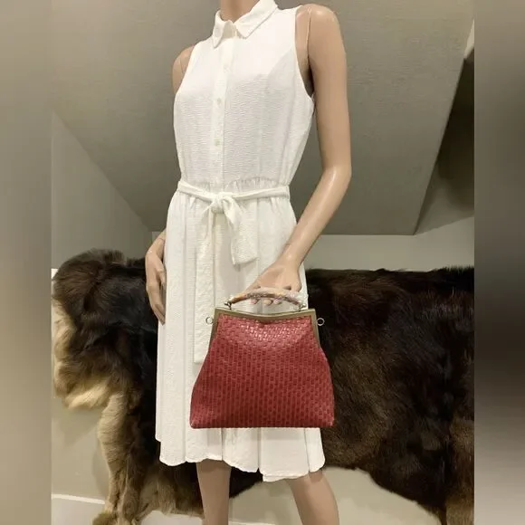 Handmade Genuine Woven Leather Double Kisslock Top Handle Bag & 2 Straps Style